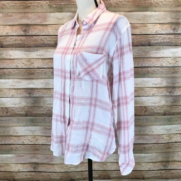 Rails Size M Medium Charli Linen Blend Plaid Button Down in White Rouge Sand - Picture 4 of 6